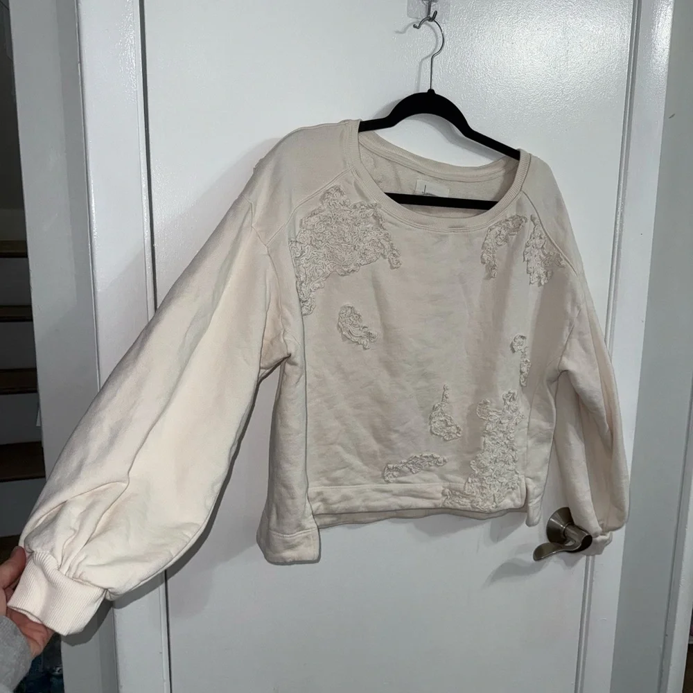 Anthropologie Crochet Appliqué Pullover Sweatshirt in Ivory Size Small